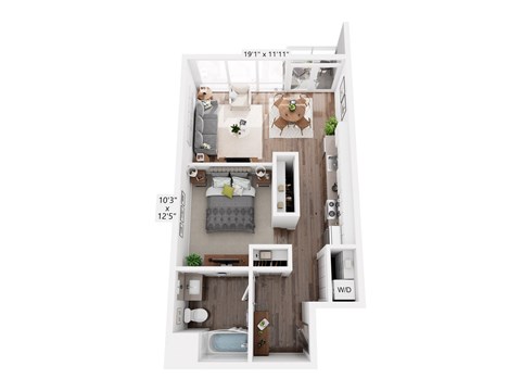 Floor plan for studio, 1 bath, 670 sqft